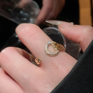 Macro view of gold leopard head ring with pavé sparkling zircons on female index finger
