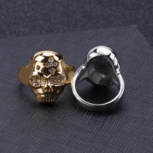 Hip hop style stainless steel skull rings with inlaid crystals in gold and silver finish