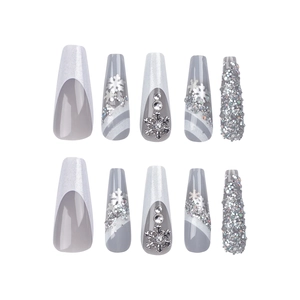 Faux ongles d'hiver flocon de neige avec paillettes argentées et strass forme cercueil