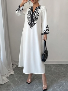 Vestito Maxi Da Donna Scollo A V Manica Lunga Ricamo Etnico Stile Caftano Abaya Poliestere Spandex Largo Casual