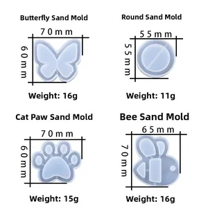 Detailed size chart for DIY quicksand silicone molds in butterfly and paw shapes