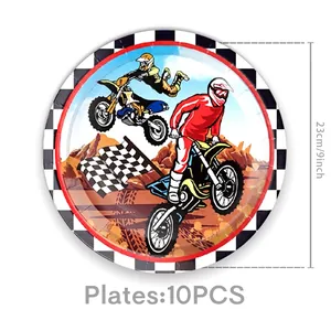Detail of 9-inch motocross paper plates for boys' party with race driver design