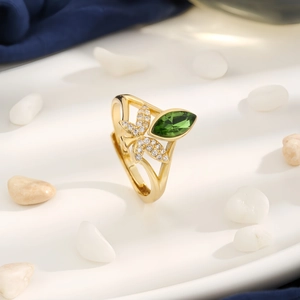 Creative Angel Design Copper Gold Plated Open Ring Fashion Light Luxury Green Marquise Rhinestone Adjustable Ring For Women