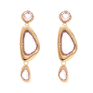 Gold vintage acrylic triangle geometric drop earrings with lavender faux crystals