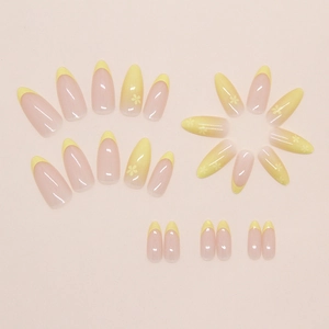 French tip almond press on nails with yellow gradient flower design for women
