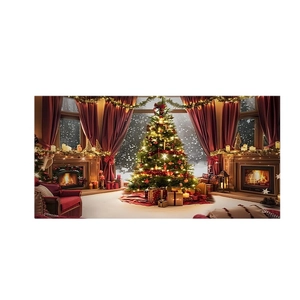 Cozy Christmas backdrop featuring a decorated tree, fireplace and winter window view