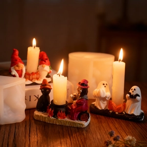 Halloween silicone molds set featuring gnome, ghost, and cat for DIY candle making