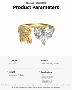 Detail of S925 sterling silver ring with 5A zircon heart and crystal letter R charm