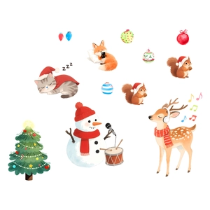 Detailed Christmas wall stickers featuring watercolor animals and decorated holiday tree