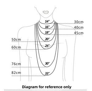 Size chart showing necklace lengths from 14 to 33 inches on a female neck silhouette