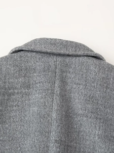 Close-up of gray wool blend coat showing neck collar and stitching detail texture