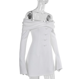 Detail of white off-shoulder mini dress featuring elegant front buttons and split flared sleeves