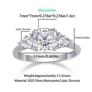 Macro shot of S925 sterling silver ring with 1.6ct moissanite stone and three-stone design
