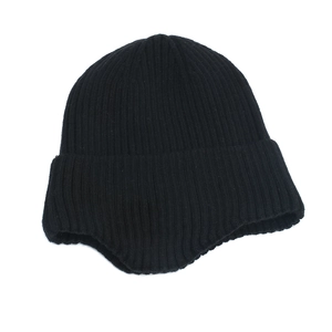 Winter thermal windproof knit earflap hat in black ribbed wool blend for outdoors