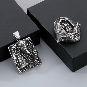 Detailed relief of plague doctor and wolf figures on silver stainless steel pendants