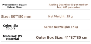 Detailed specifications of square hand mirror in PS material with dimensions 80x180mm