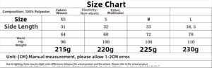 Size chart table for tweed vest and shorts set with detailed measurements and material info