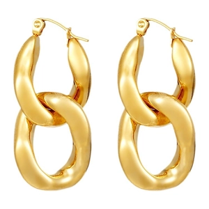 Polished gold link earrings with minimalist interlocking chain design on white background