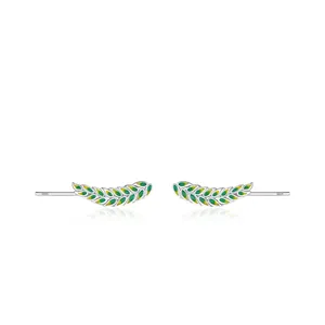 Elegant S925 sterling silver leaf ear clips with green gradient enamel finish