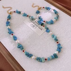 Vintage Beaded Artificial Pearl Necklace Aquamarine Crystal Crushed Stone Bohemian Retro Jewelry Elegant Choker For Women