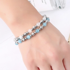 Elegant double-layered beaded bracelet with sky blue cat eye stones and silver metal beads