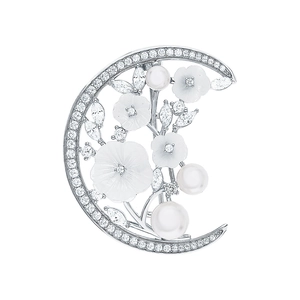 Vintage Moon Flower Brooch Pin S925 Sterling Silver Shell Floral Mother Of Artificial Pearl Cubic Zirconia Classic Elegant For Women