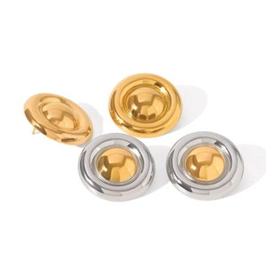 Polished geometric two-tone stainless steel round stud earrings in gold and silver