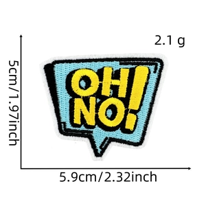 Macro view of blue OH NO embroidered patch with precise measurements and texture details