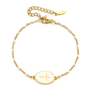 Detail view of gold stainless steel cross bracelet with white enamel beads and lobster clasp