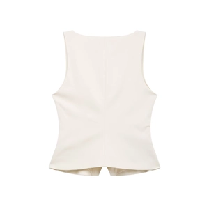 Close-up of woven cream vest featuring a square neckline and delicate front buttons