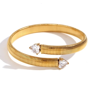 18K gold-plated stainless steel open bangle with textured band and two heart zircons
