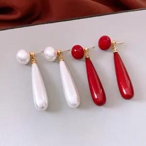 French vintage pearl waterdrop dangle earrings with glossy white and red resin pendants