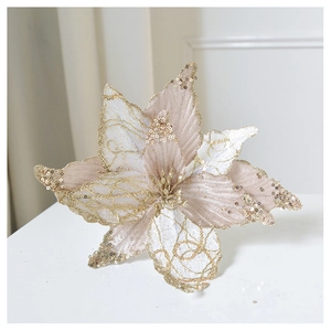 Detailed view of champagne SwanLace flower with gold sequins and embroidery for Christmas