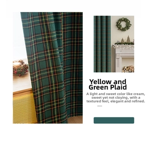 Detail of yellow green plaid Christmas curtain with high quality twill texture fabric