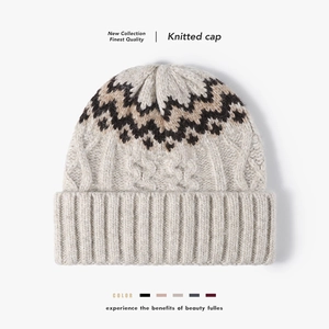 Women Winter Thick Warm Wool Beanie Hat Jacquard Wave Geometric Pattern Nordic Style Outdoor Knit Skull Cap
