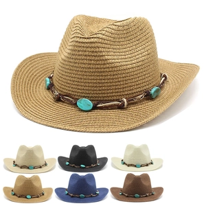 Chapeau De Paille Cowboy Occidental Bohème Large Bord Protection Solaire Perles Turquoise Ethniques Plage Été Fedora Jazz Femmes
