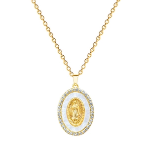 Gold titanium necklace featuring a Virgin of Guadalupe shell pendant with crystals