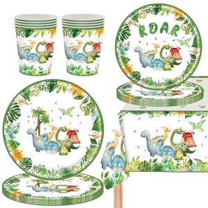 Cartoon dinosaur party tableware set with watercolor paper plates cups and tablecloth