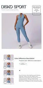 Détail d'un body de yoga bleu clair sans manches avec col haut zippé et coupe slim