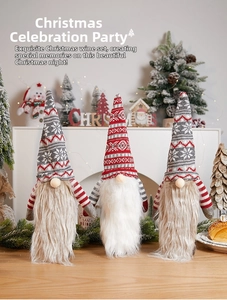 Three Christmas gnome wine bottle covers made of knitted fabric with snowflake patterns