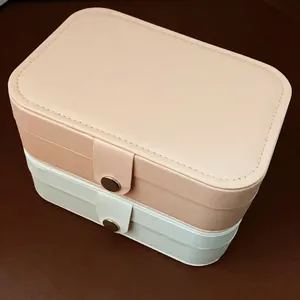 Portable PU leather jewelry box with metal snap button in pink and white finishes
