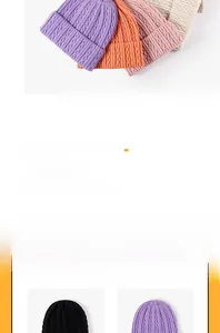 Close-up of cable knit texture and folded cuff detail on various colorful winter beanies
