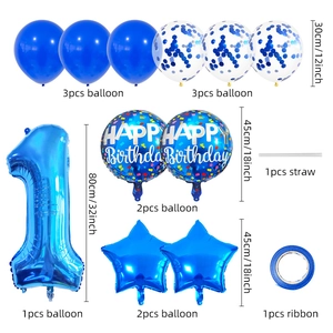 Blue 32-inch number 1 balloon set with confetti and star balloons for birthday party