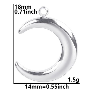 Detail view of silver crescent moon pendant with 18mm height and 14mm width dimensions