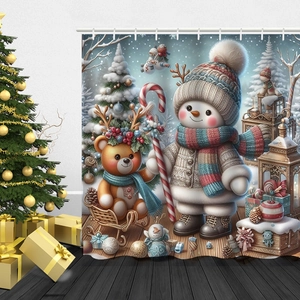 Close-up of festive Christmas shower curtain with 3D snowman and teddy bear illustration