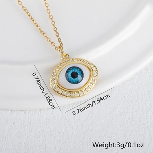 Detailed size view of gold Evil Eye necklace with dimensions 1.88cm by 1.94cm