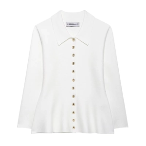 White Peplum Knit Cardigan For Women Long Sleeve Polo Collar Gold Button Ruffle Hem Solid Slim Fit Sweater Top