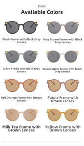 Detailed color chart of cat ear sunglasses with gold trim and eight distinct frame shades