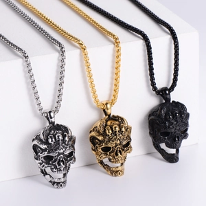Vintage punk skull pendant necklaces in silver, gold, and black with durable box chain