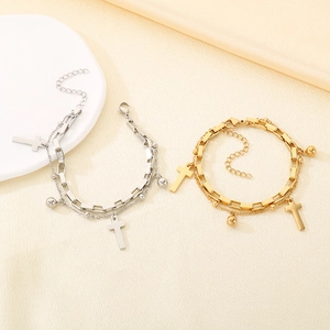 Double-layered 18K gold plated cross bracelet with beads and adjustable lobster clasp